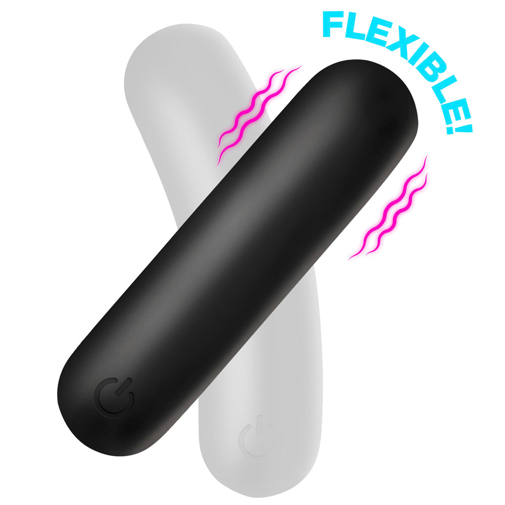 Two flexible silicone bullet vibrators, one black and one white, with pink wavy lines indicating flexibility.