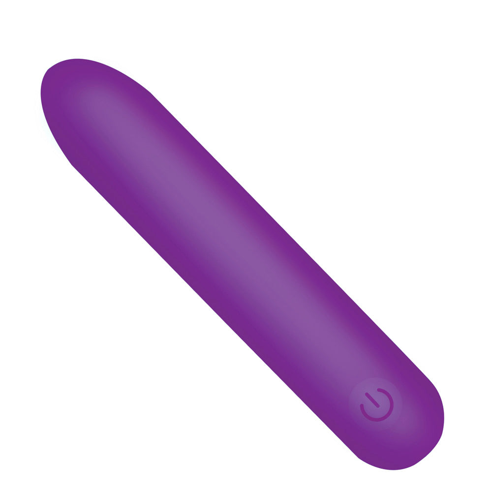 A purple, flexible silicone vibrating bullet with a power button.