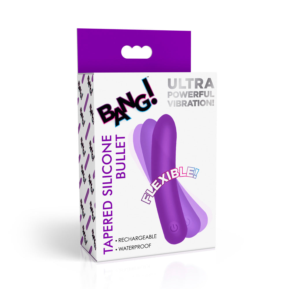 A purple, flexible silicone bullet vibrator on its packaging.
