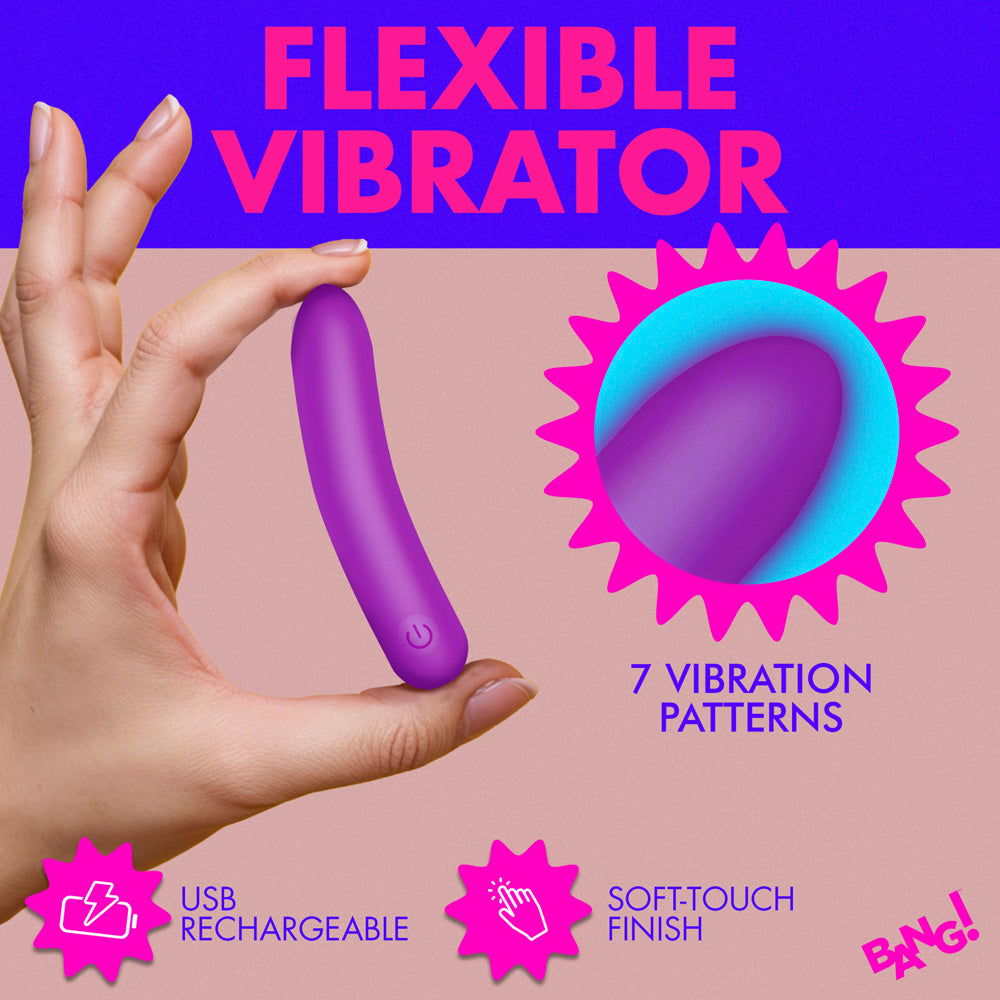 Purple flexible silicone vibrator with USB charging and 7 vibration patterns.