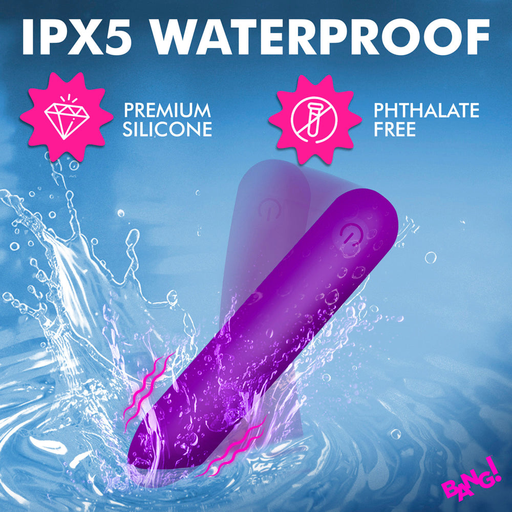 A purple, flexible silicone bullet vibrator with IPX5 waterproof rating.
