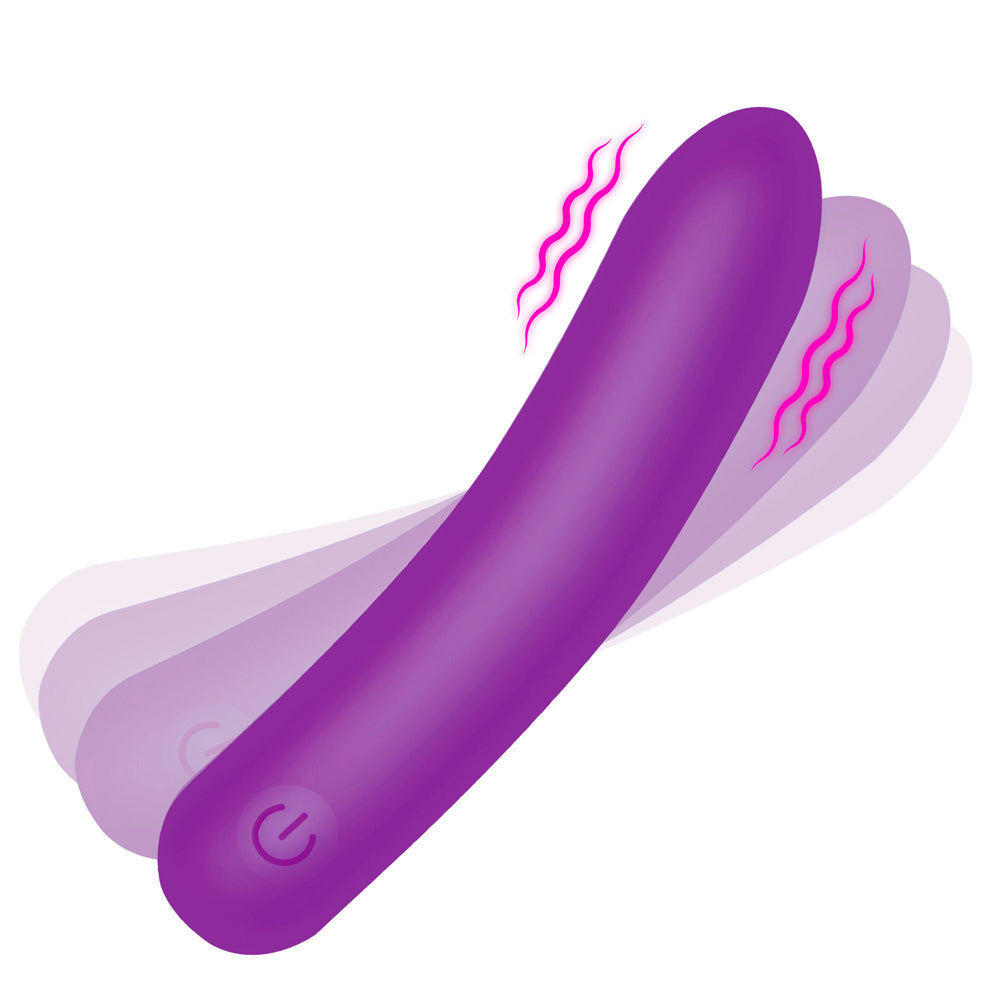 Purple flexible silicone vibrating bullet with power button and wavy vibration lines.