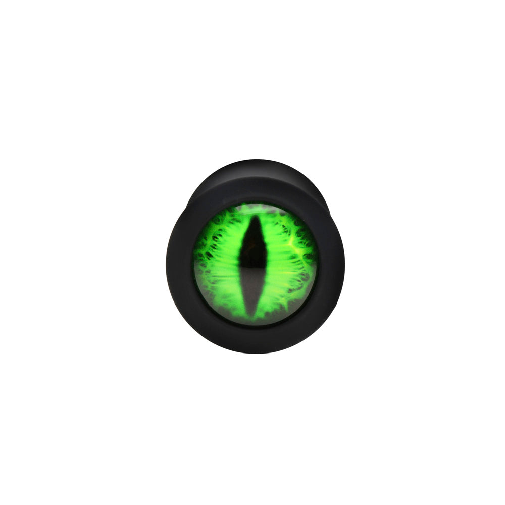 Green creature eye silicone anal plug with a tapered tip and wide base.