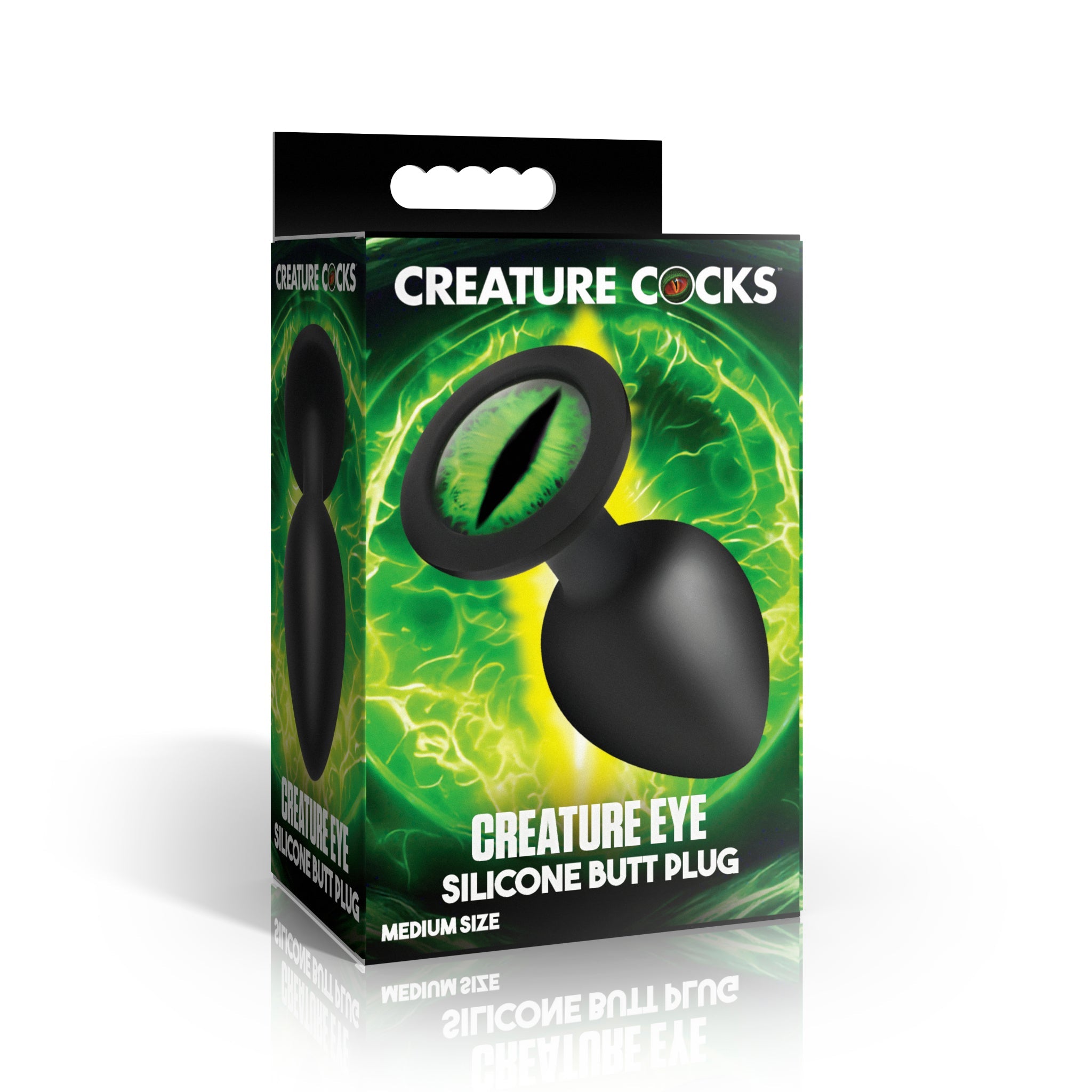 Green creature eye silicone butt plug, medium size.