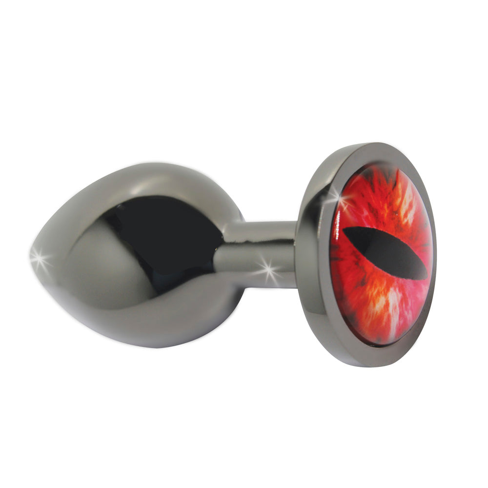 Medium metal anal plug with a red glass eye design.