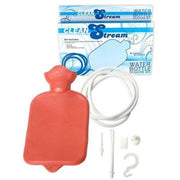 Red rubber enema bag with hose and attachments.