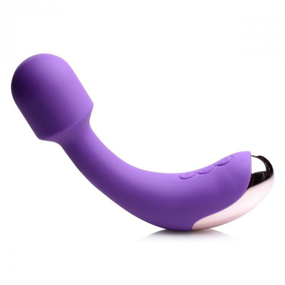 A purple silicone G-spot wand with a curved shape and rose gold accent.