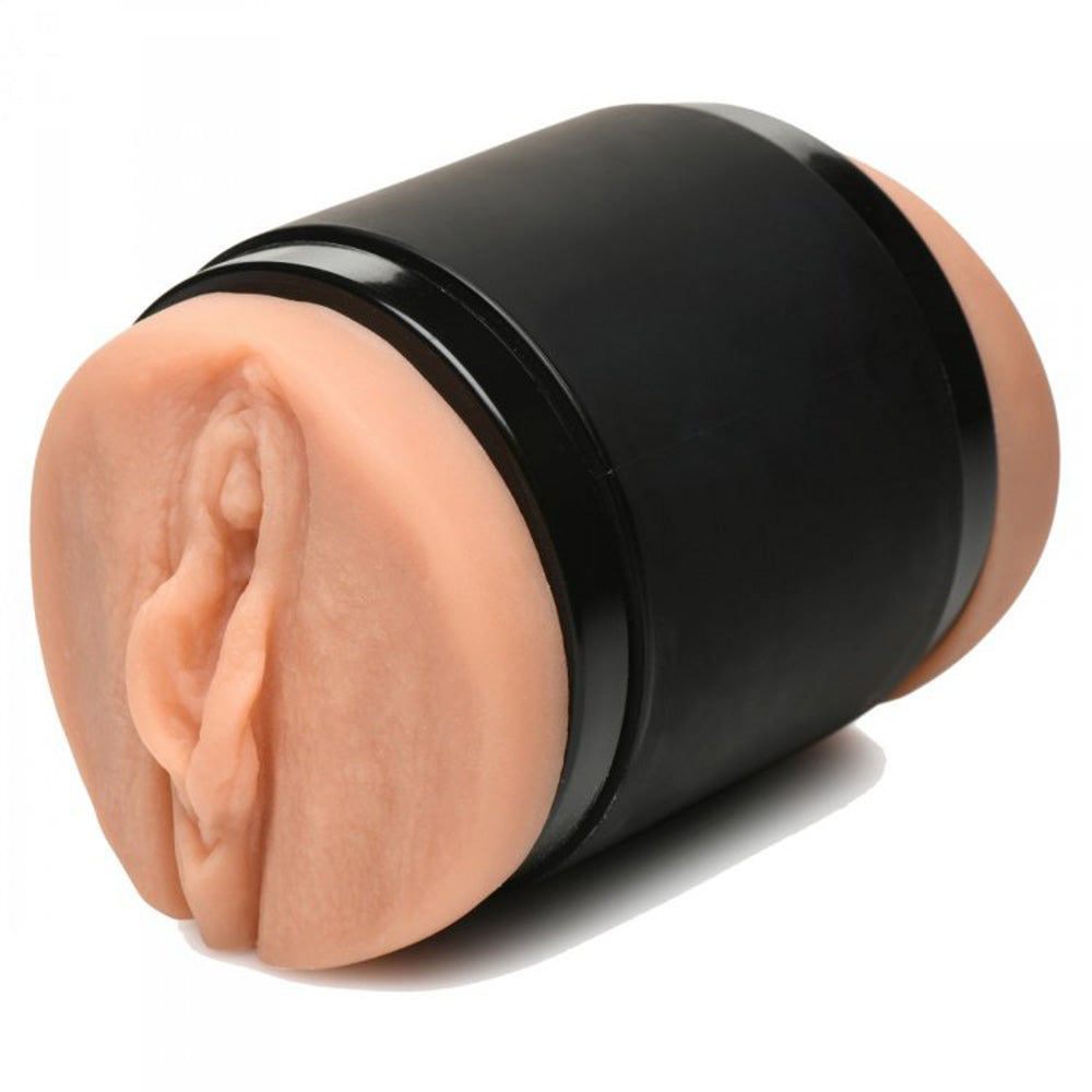 A realistic double-ended stroker with a black band and a flesh-toned opening.