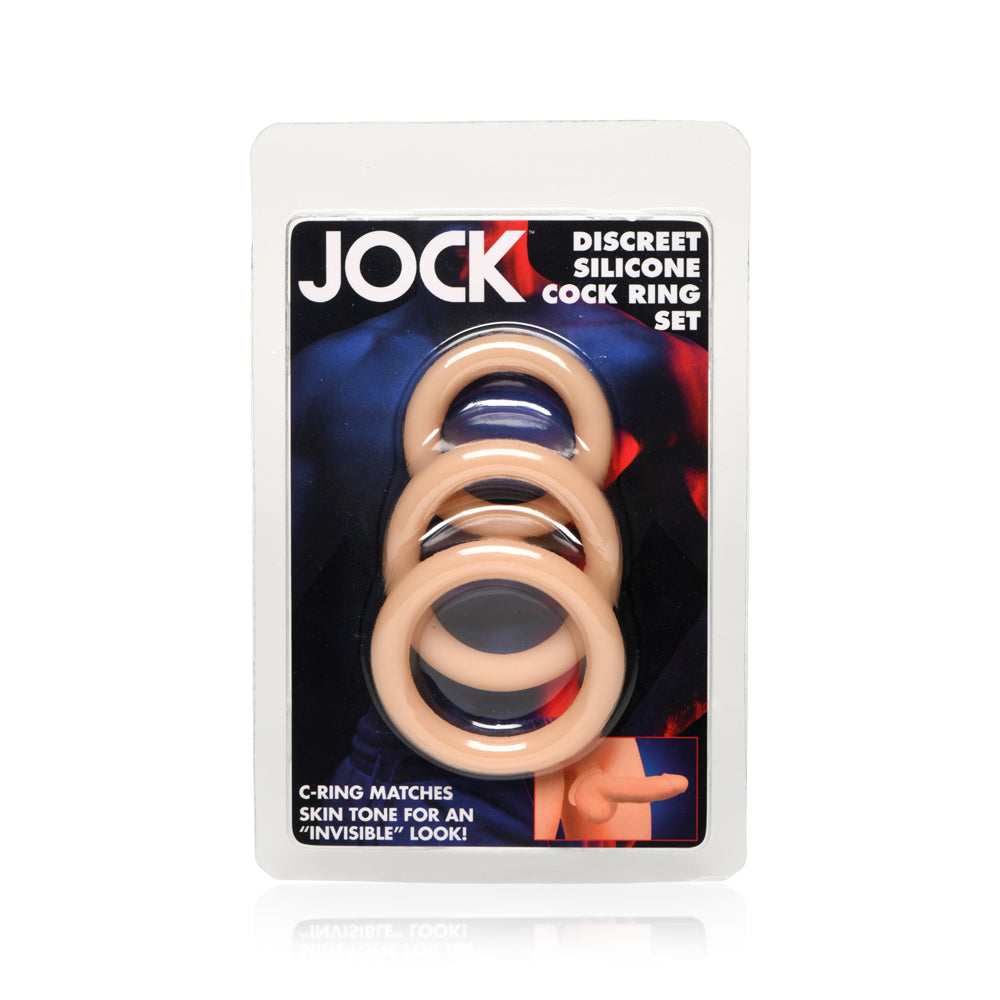 A package of three light-colored silicone cock rings in graduated sizes.