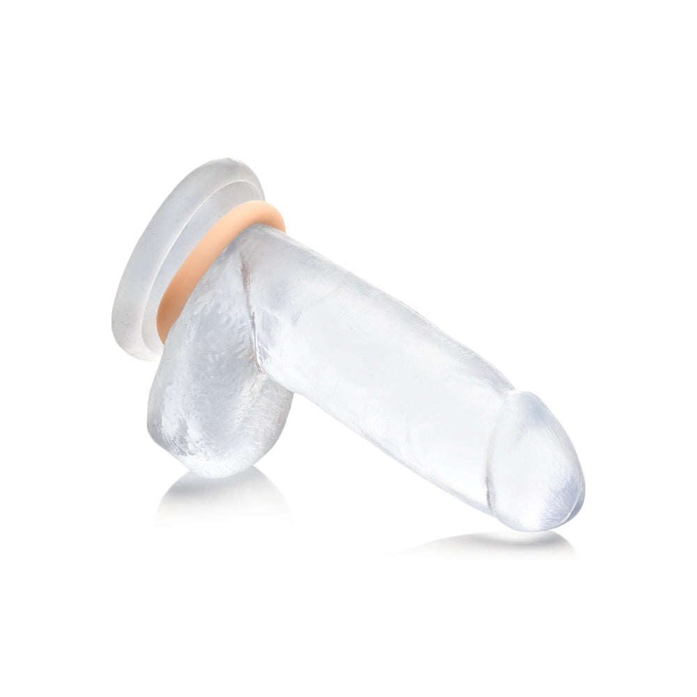 Clear silicone cock ring with a light-colored band.