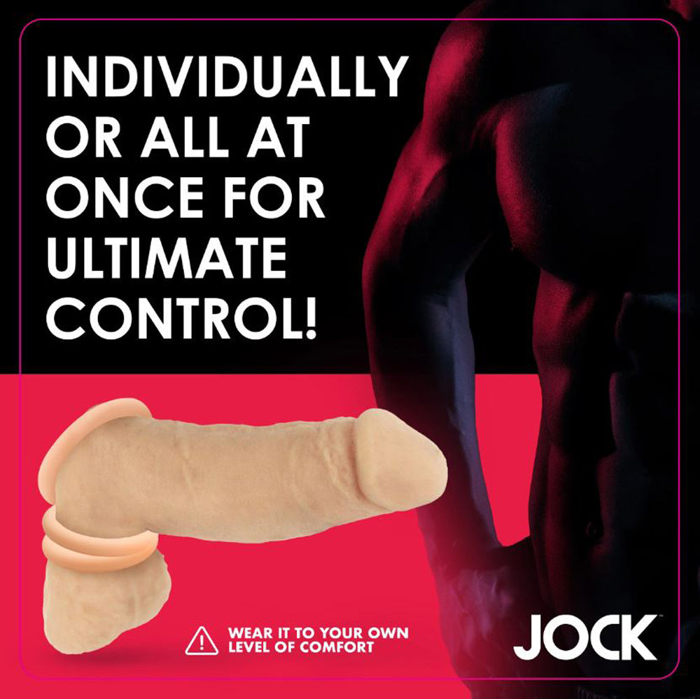 Set of three graduated light silicone cock rings in various sizes.