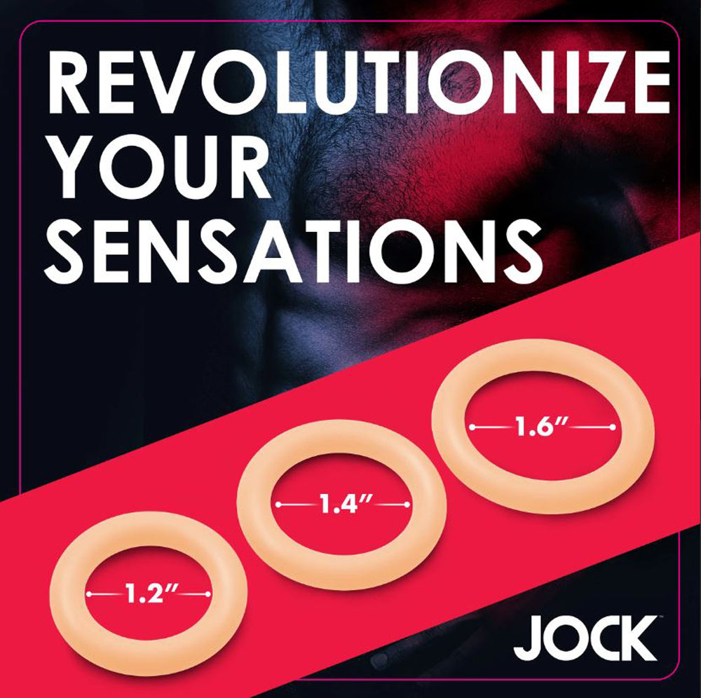 Three light-colored silicone cock rings with sizes 1.2, 1.4, and 1.6 inches.
