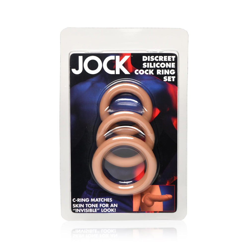 Tan silicone cock rings in graduated sizes in packaging.