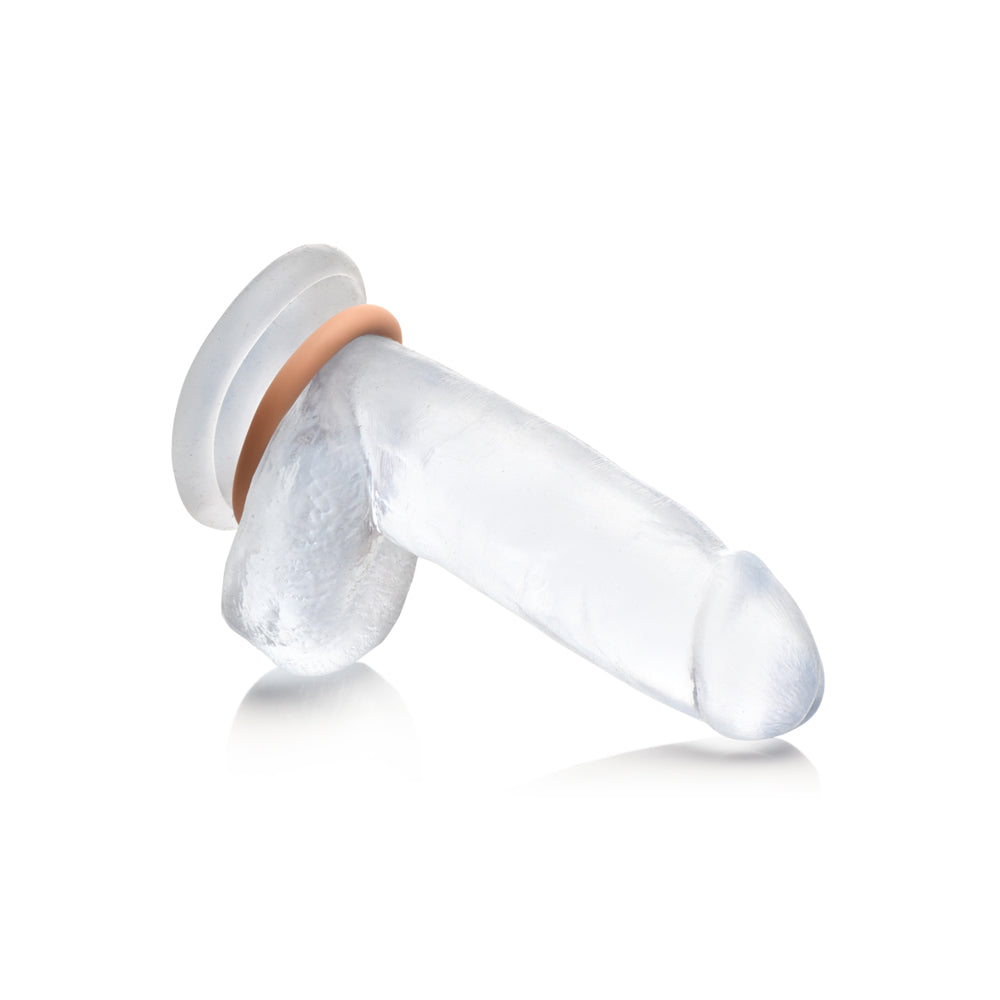 Clear silicone cock ring with a tan band.