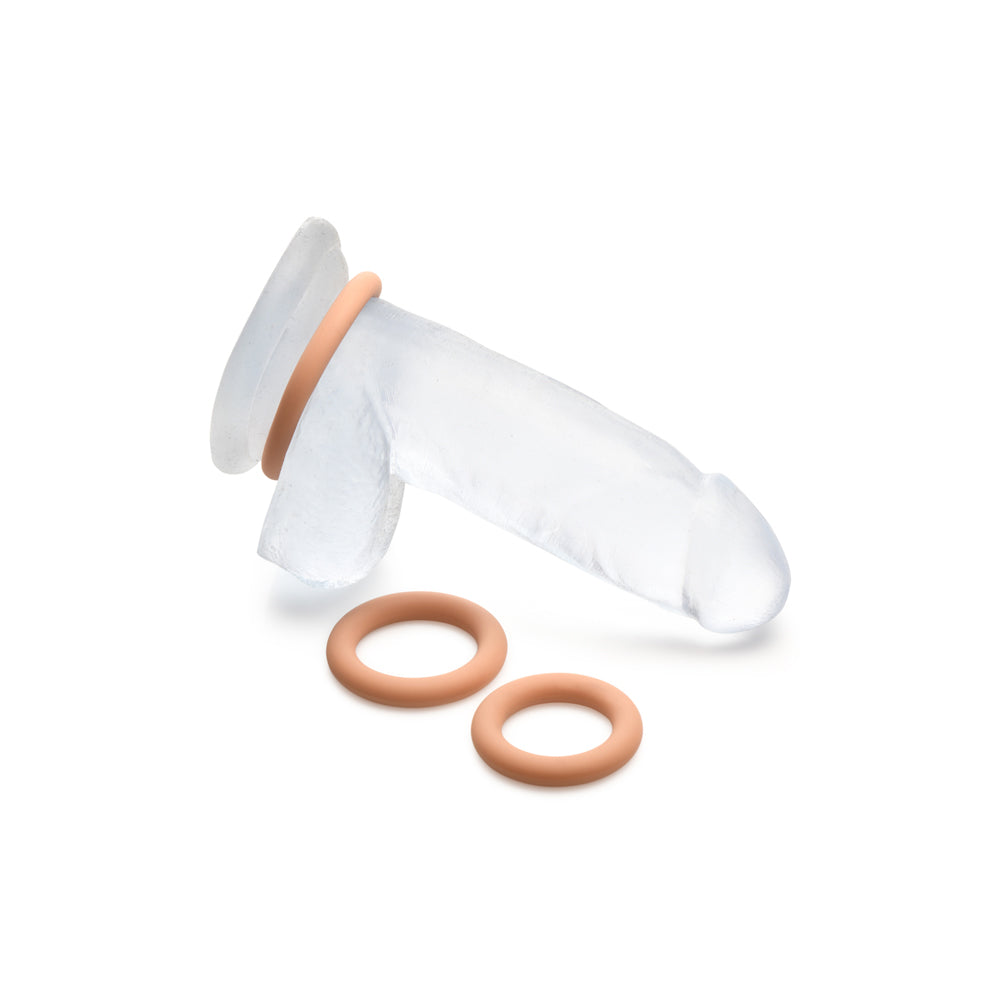 Clear silicone cock ring with two tan rings.
