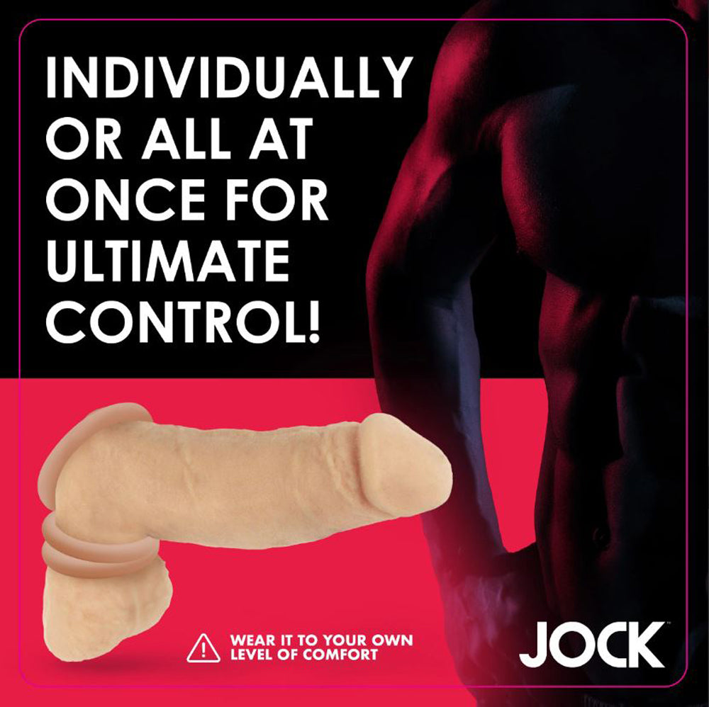 Set of three graduated tan silicone cock rings in sizes 1.2, 1.4, and 1.6 inches.