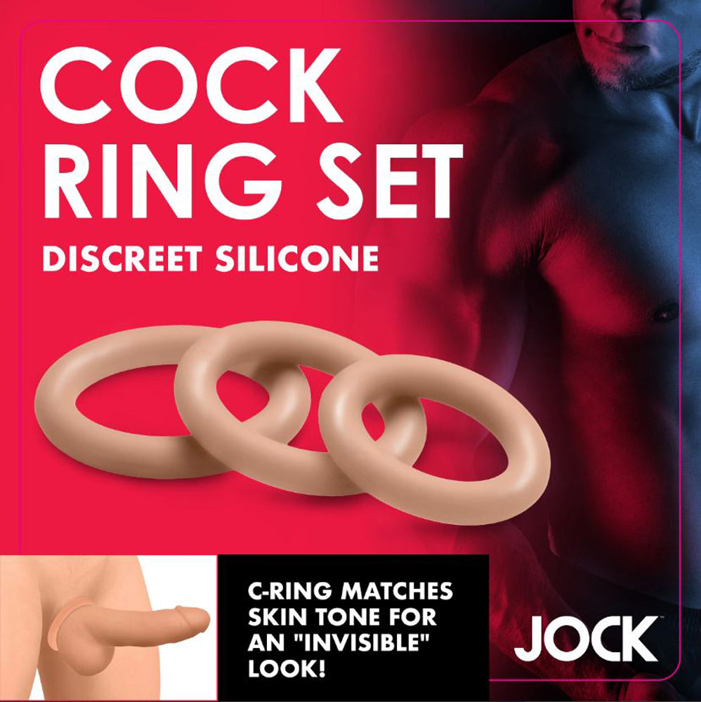 Three tan silicone cock rings are shown with text about discreet silicone.