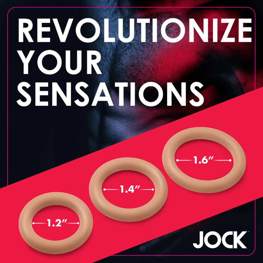 Tan silicone cock rings in sizes 1.2, 1.4, and 1.6 inches.