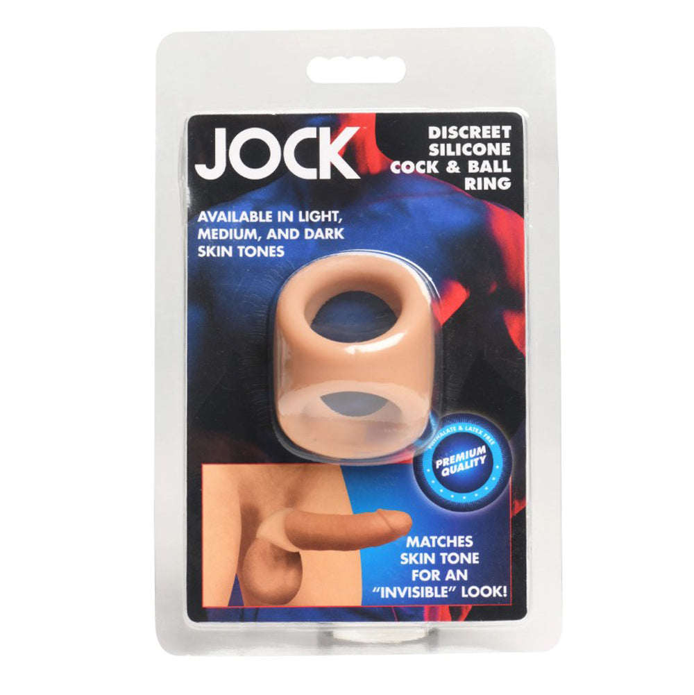 Tan silicone cock and ball ring with "JOCK" branding.