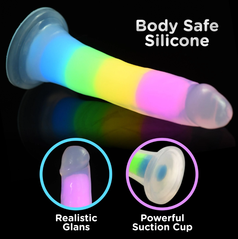 Glow-in-the-dark rainbow silicone dildo with realistic glans and suction cup.