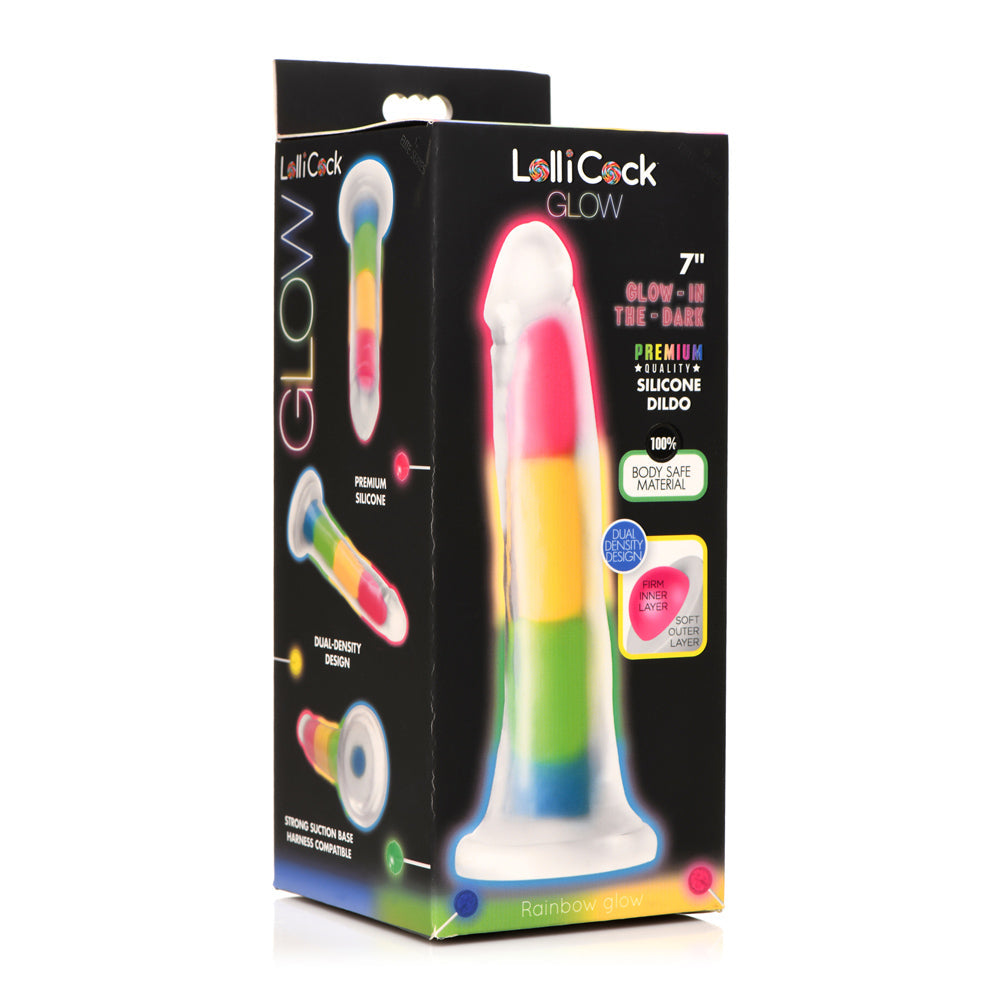 7 inch glow-in-the-dark rainbow silicone dildo with dual-density design.