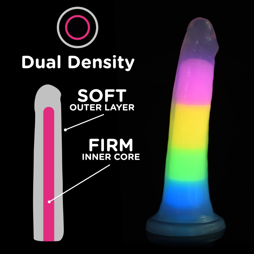 A dual-density rainbow silicone dildo with a soft outer layer and firm inner core.