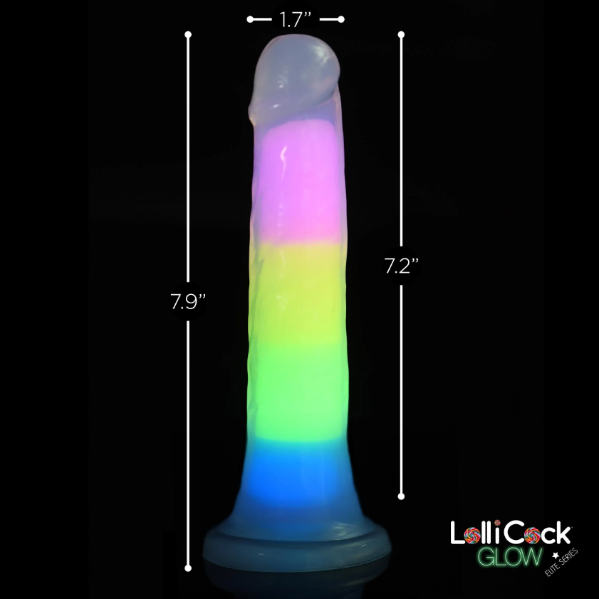 Glow-in-the-dark rainbow silicone dildo with measurements.