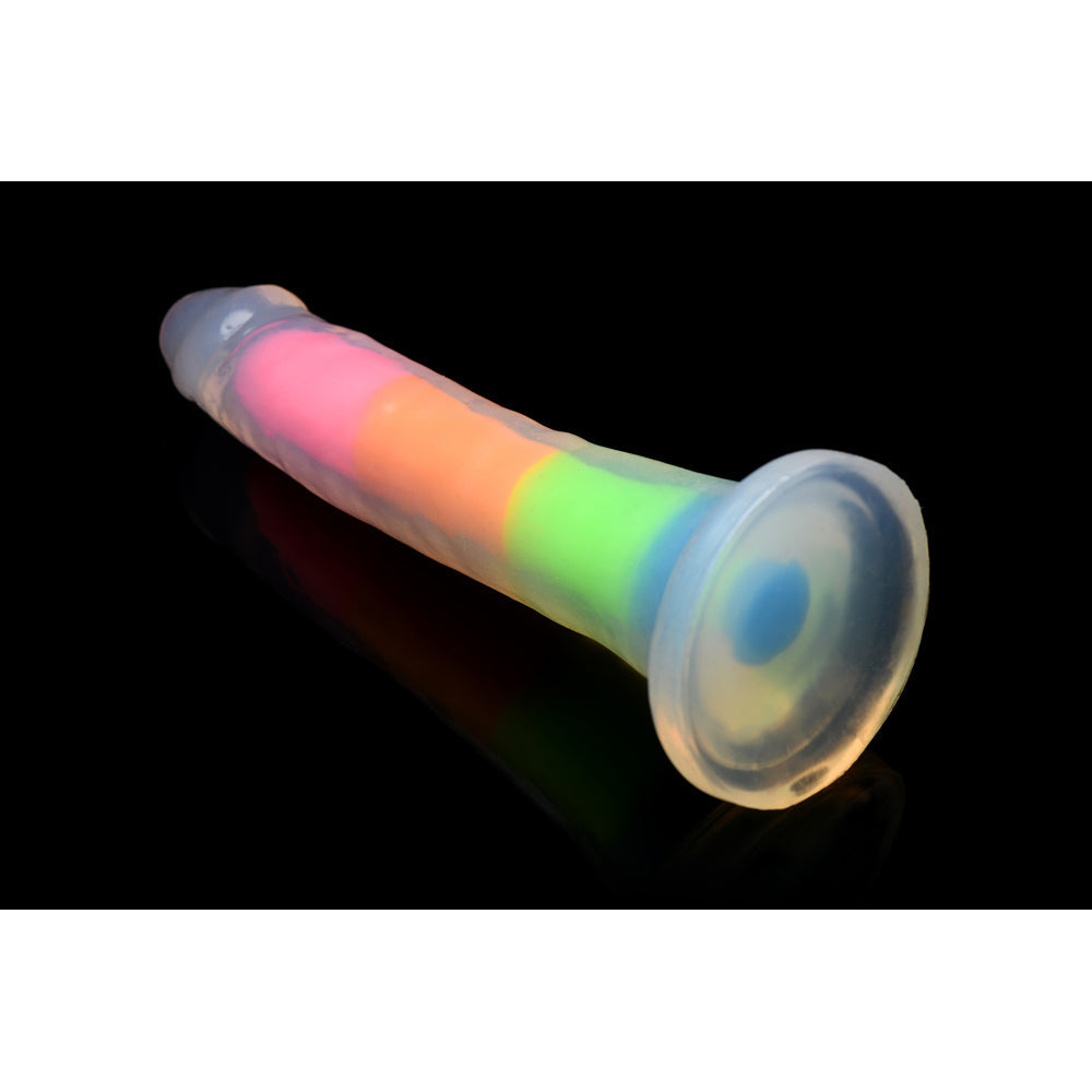 Rainbow silicone dildo with suction cup base.