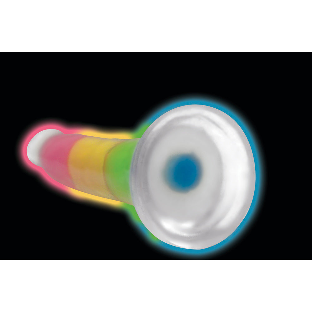 Glow-in-the-dark rainbow silicone dildo with a realistic shape.