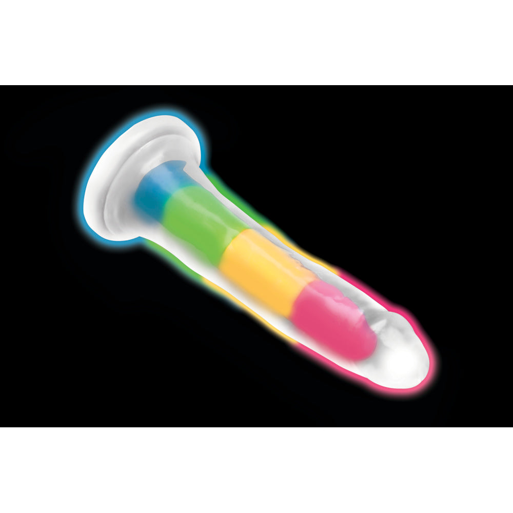 Glow-in-the-dark rainbow silicone dildo with a realistic shape.