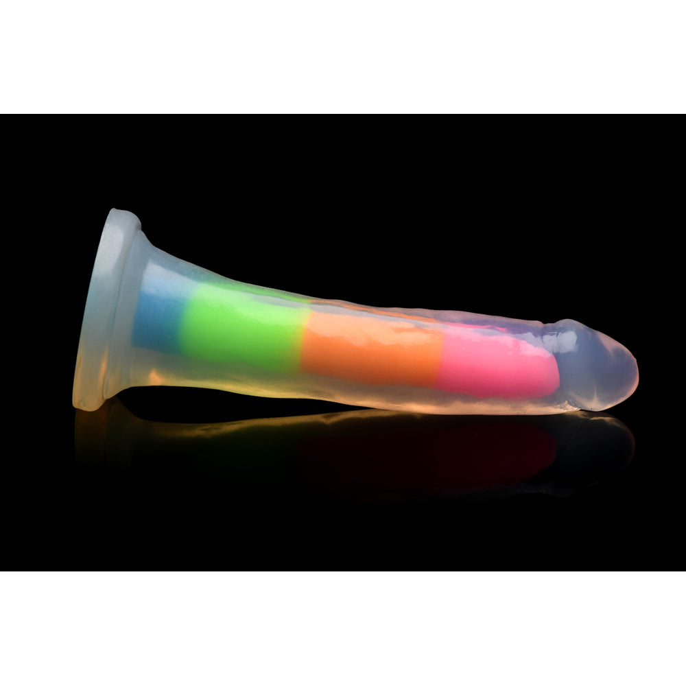 Rainbow silicone dildo with a flared base and textured tip.