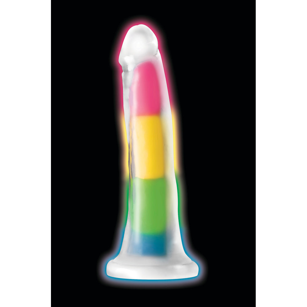 A glow-in-the-dark rainbow silicone dildo with a realistic shape.