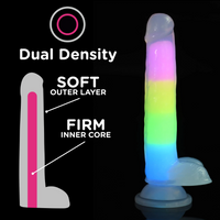 Dual density rainbow silicone dildo with balls.