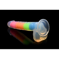 Rainbow silicone dildo with suction cup base.