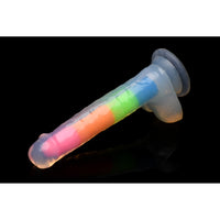 Glow-in-the-dark rainbow silicone dildo with balls.