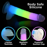 Glow-in-the-dark rainbow silicone dildo with realistic glans and suction cup.
