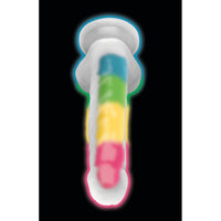 Glow-in-the-dark rainbow silicone dildo with balls.