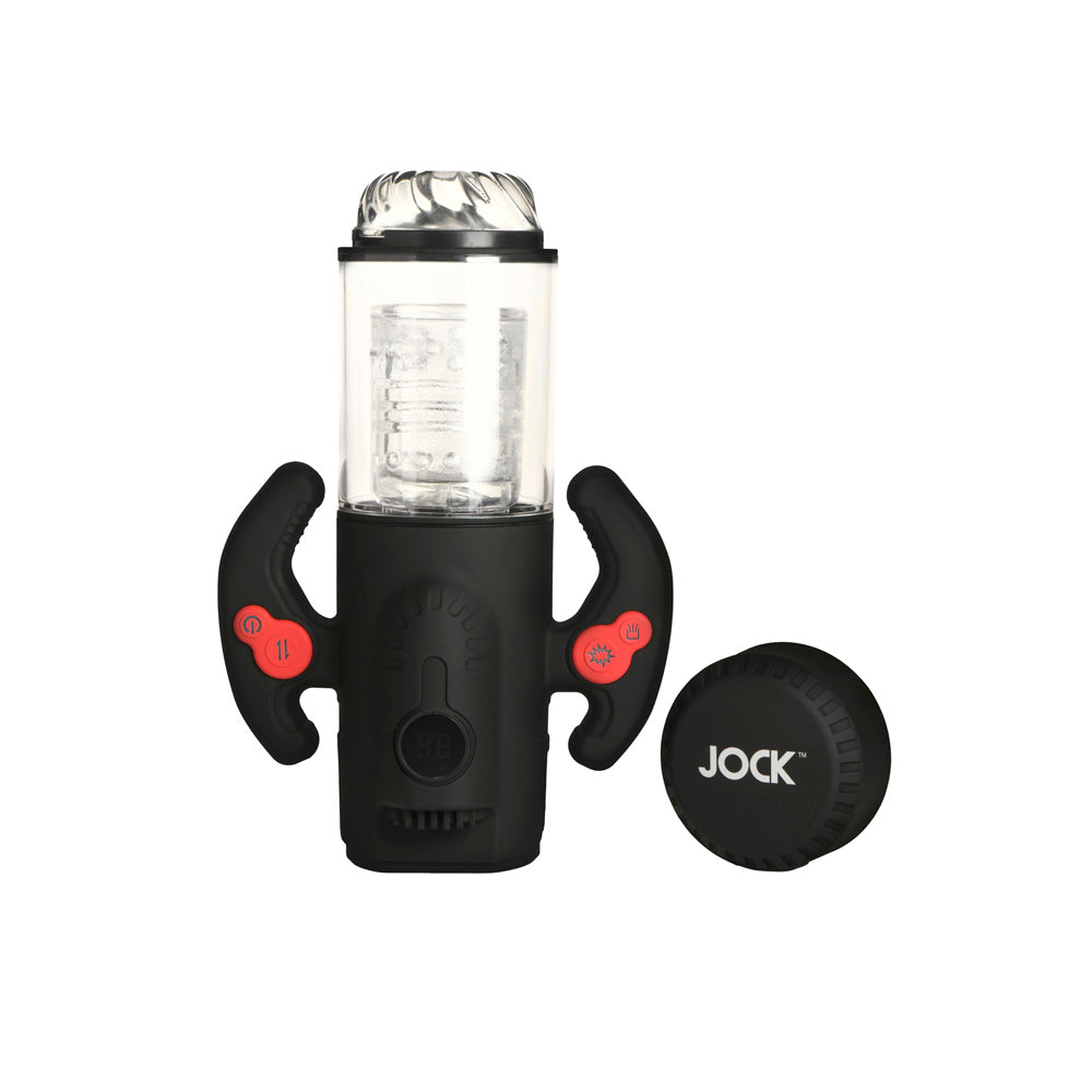 Black rechargeable masturbator with textured sleeve and game-style handles.