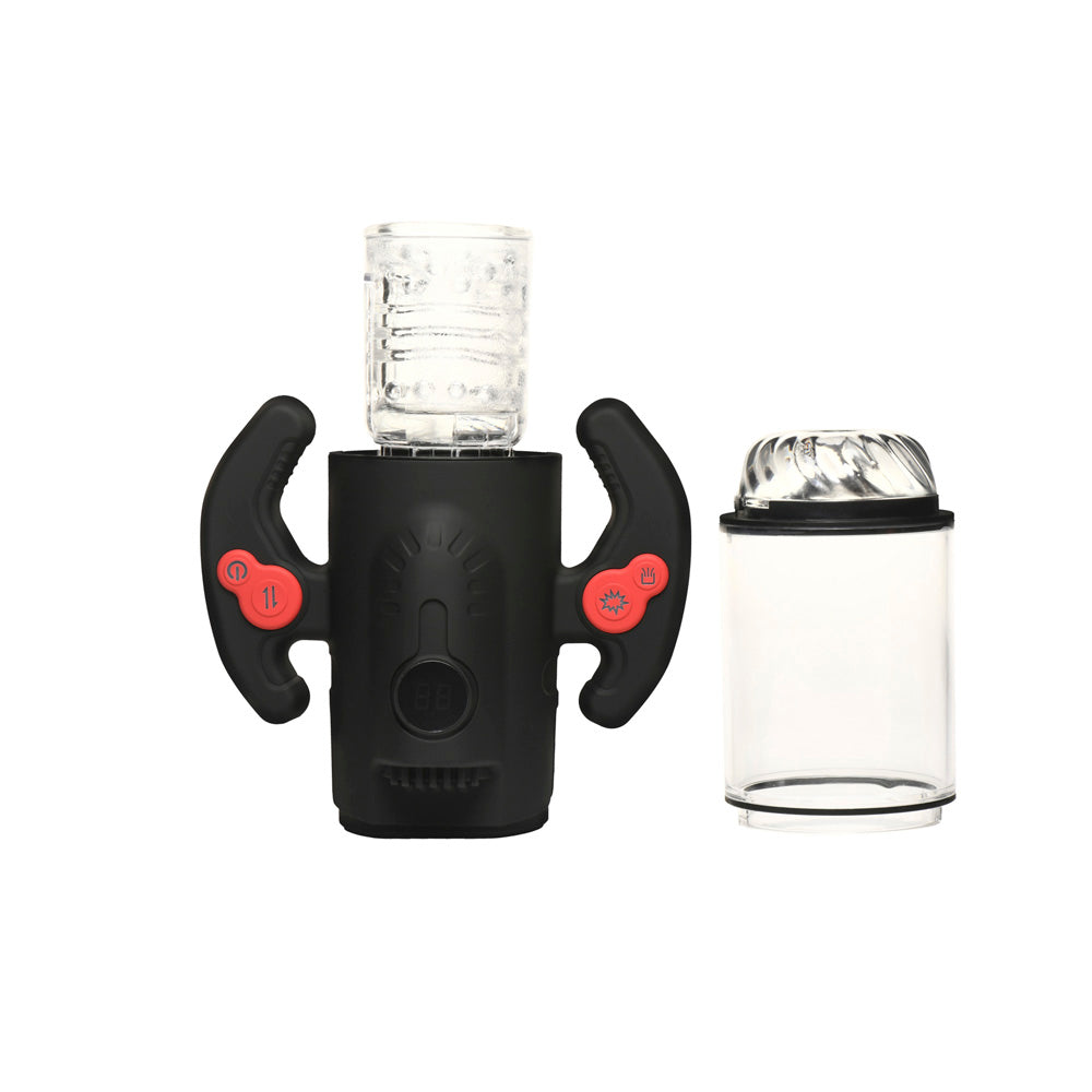 Black and red rechargeable masturbator with textured sleeve and separate cylinder.