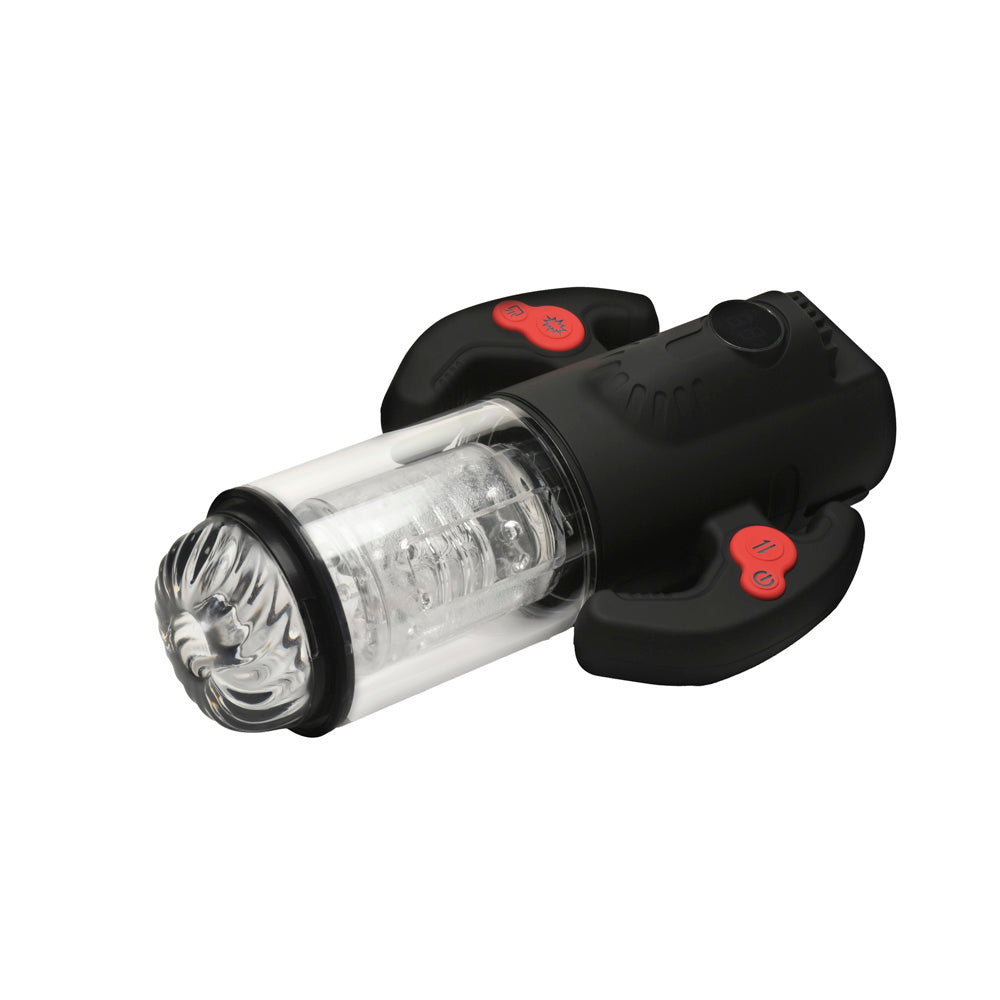 Black and clear rechargeable masturbator with red buttons and textured interior.