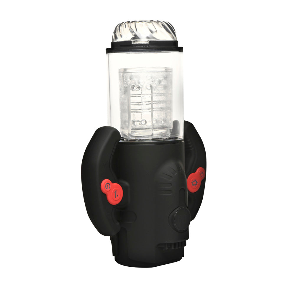 Black and clear rechargeable masturbator with red buttons and textured interior.