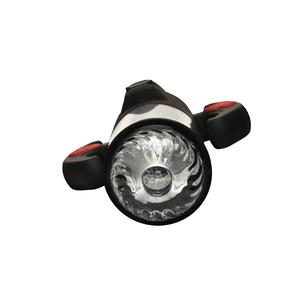 Rechargeable masturbator with textured tunnel and red buttons.