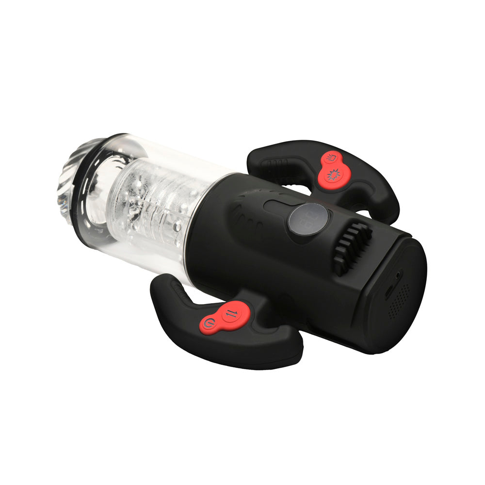 Rechargeable Turbo Max masturbator with textured tunnel and dual handles.