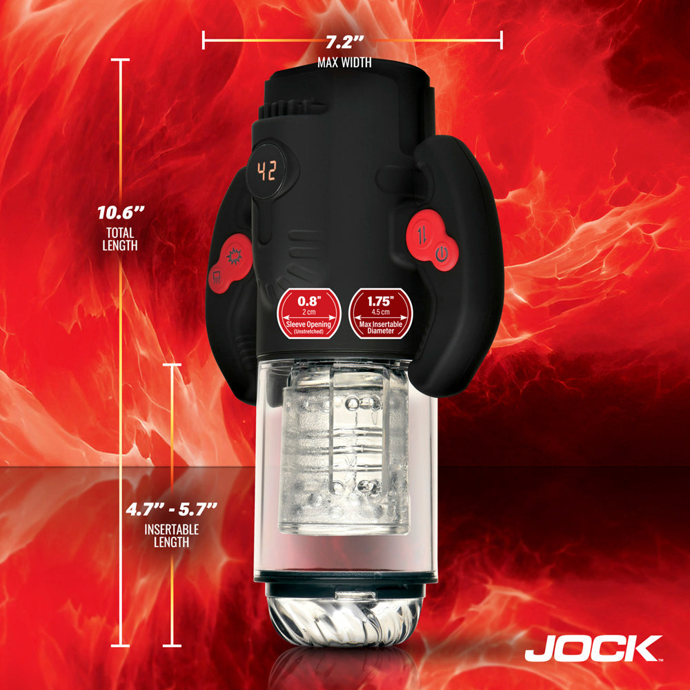 A black and clear masturbator with red buttons and measurement labels.