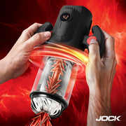 A black and clear masturbator with red arrows indicating suction and thrusting, held by two hands.