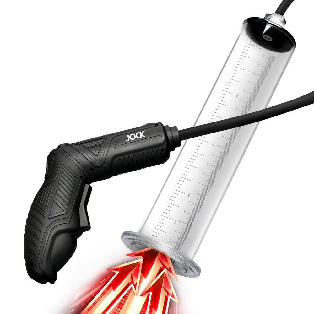 Automatic penis pump with black handle and clear cylinder.
