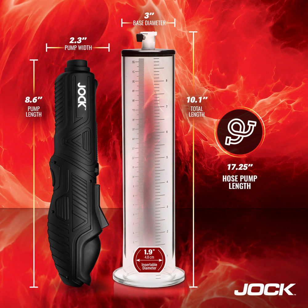 Automatic penis pump with acrylic cylinder, black handle, and silicone hose.