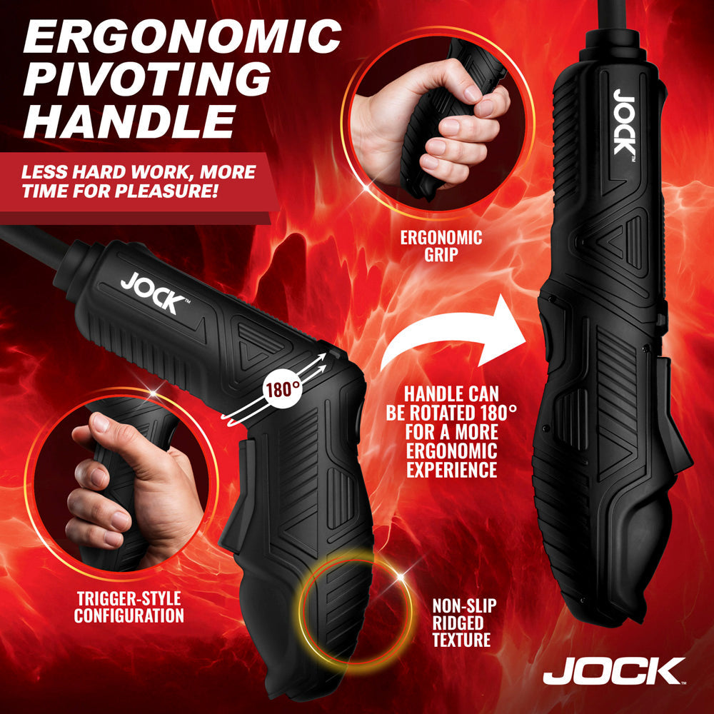 Ergonomic pivoting handle with trigger-style configuration and non-slip ridged texture.
