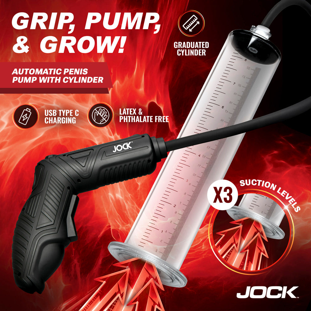Automatic penis pump with graduated cylinder, USB-C charging, and 3 suction levels.