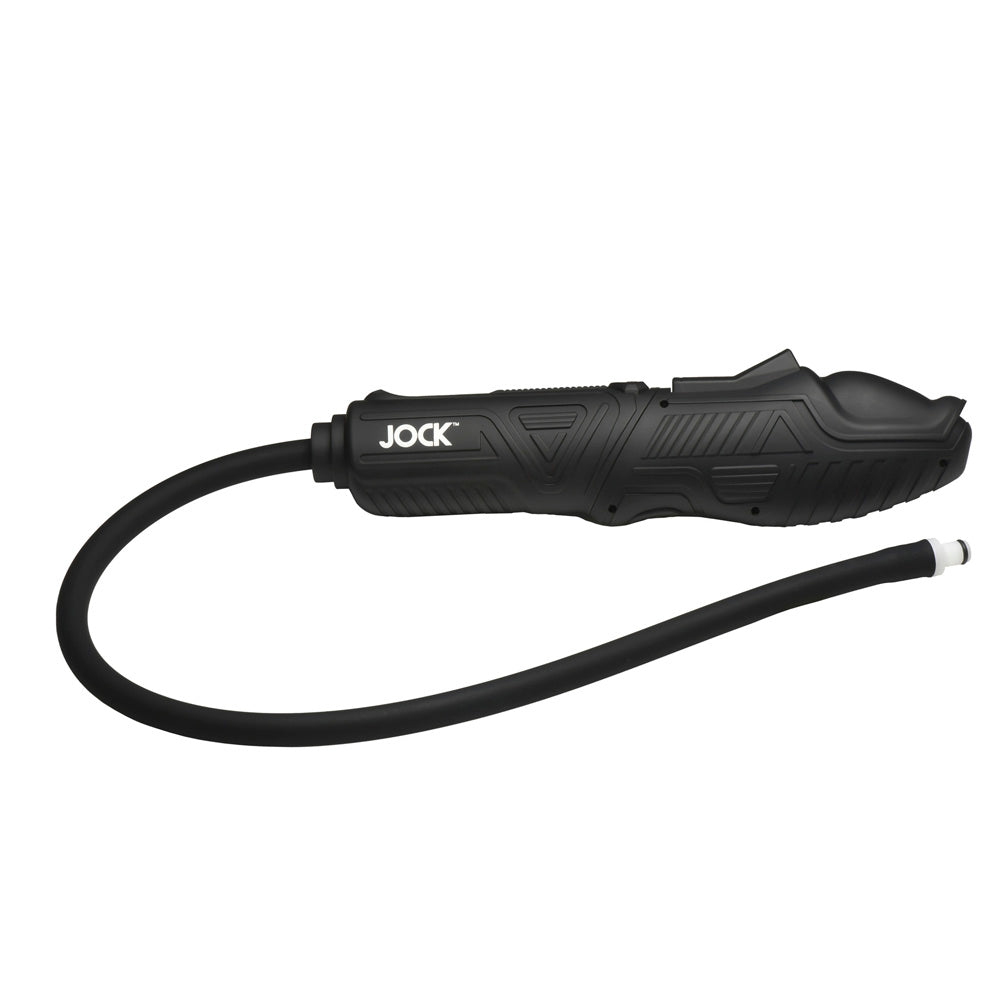 Black automatic penis pump with a silicone hose and "JOCK" logo.